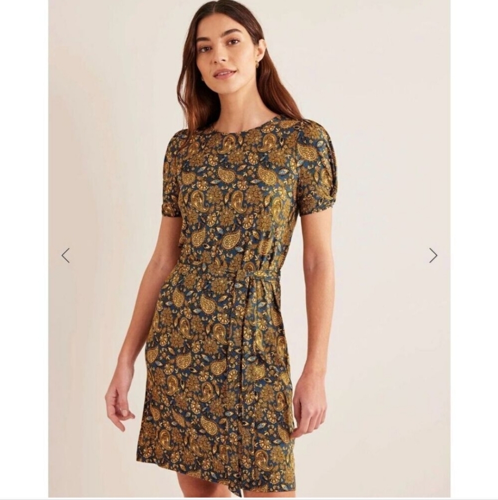 BODEN Knot Detail Jersey Dress Harvest Gold/Paisley Terrace Puff Sleeves Size 4R